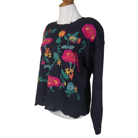 Vintage 80s Kitty Hawk NAvy Blue 3D knit Floral Embroidered Sweater M - Picture 2 of 5